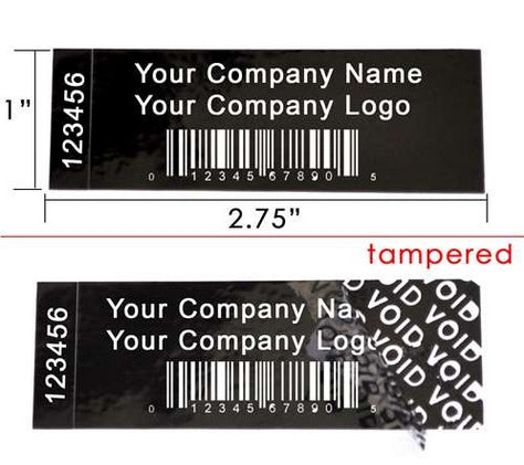 250 TamperColor® Black Custom Printed Security Labels: Tamper Evident, Rectangle 2.75" x 1" (70mm x 25mm) >Click on item details to customize.