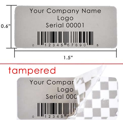 1,000 TamperColor® Grey Custom Printed Security Labels: Tamper Evident, Rectangle 1.5" x 0.6" (38mm x 15mm) >Click on item details to customize.