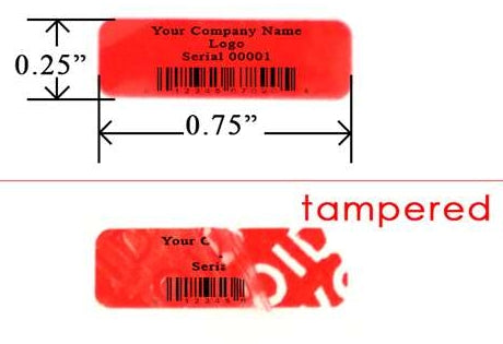 10,000 TamperColor® Red Custom Printed Security Labels: Tamper Evident, Rectangle 0.75" x 0.25" (19mm x 6mm) >Click on item details to customize.