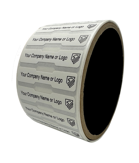 1,000 TamperColor® White Custom Printed Security Labels: Tamper Evident, Dogbone Shape Size 1.75" x 0.375 (44mm x 9mm) >Click on item details to customize.