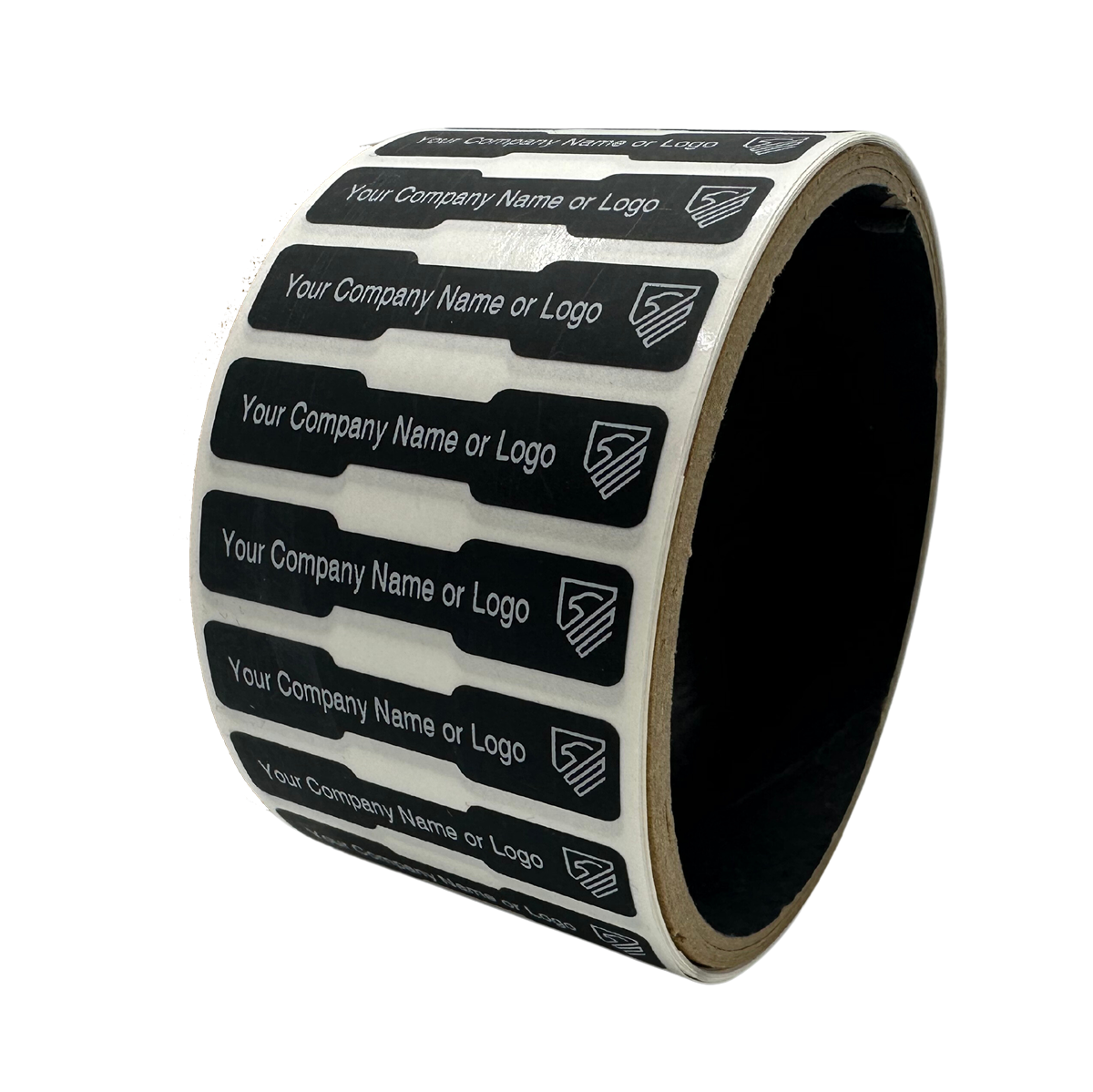 2,000 Non Residue Black Tamper-Evident Stickers TamperGuard® Security Label Seal , Dogbone Shape Size 1.75" x 0.375 (44mm x 9mm) >Click on item details to customize.