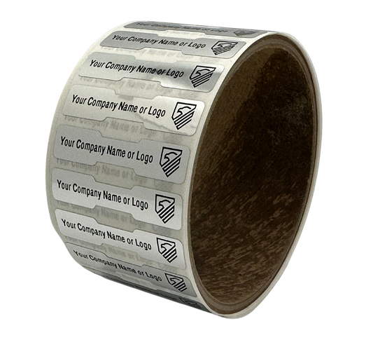 250 Non Residue Silver Bright Chrome Tamper-Evident Stickers TamperGuard® Security Label Seal , Dogbone Shape Size 1.75" x 0.375 (44mm x 9mm) >Click on item details to customize.
