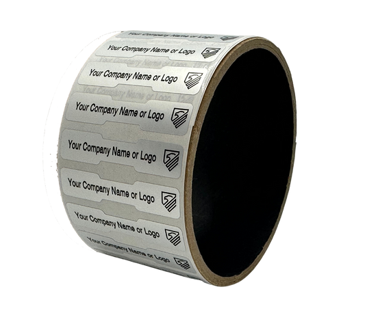500 Non Residue Silver Matte Chrome Tamper-Evident Stickers TamperGuard® Security Label Seal , Dogbone Shape Size 1.75" x 0.375 (44mm x 9mm) >Click on item details to customize.