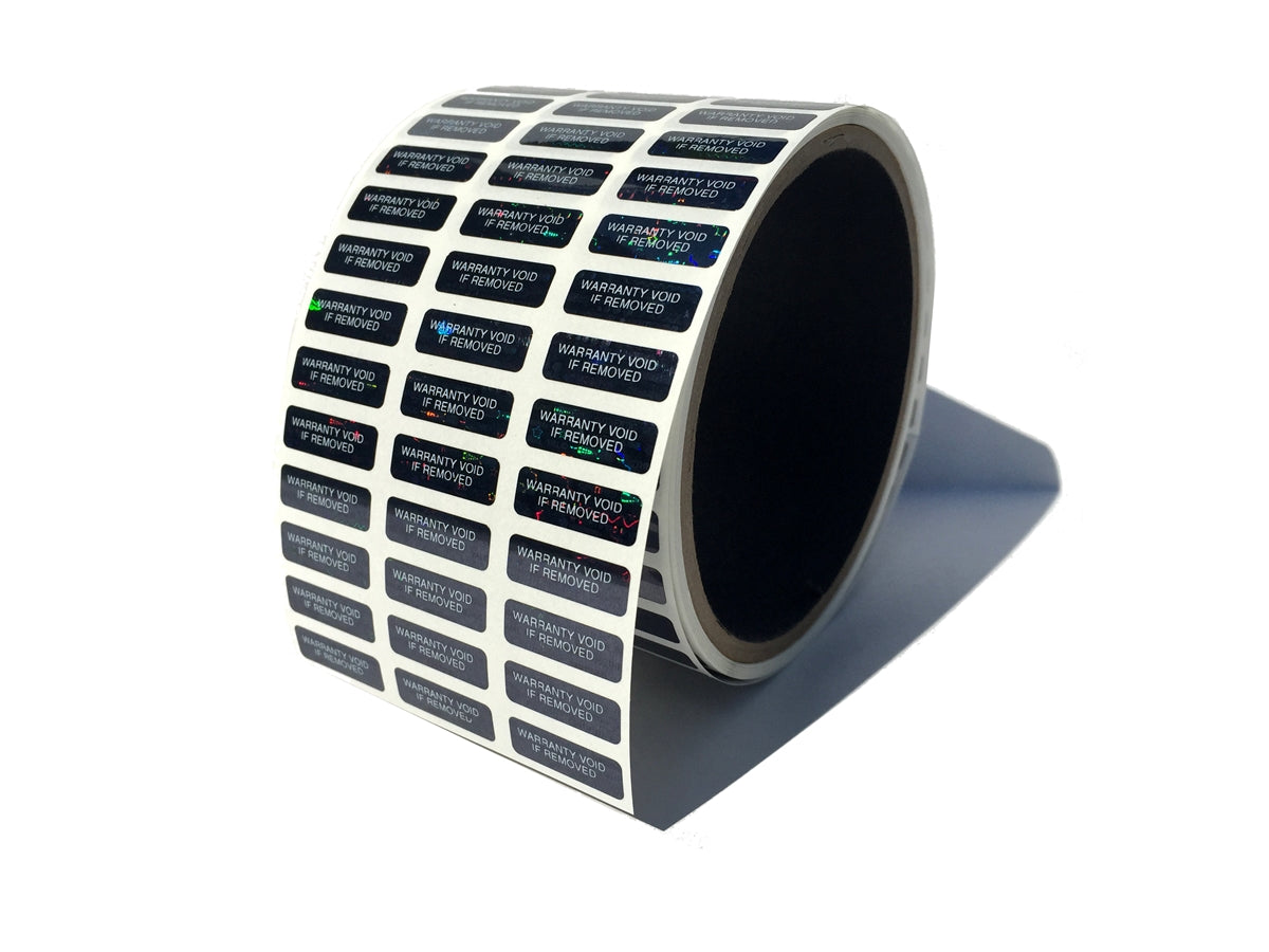 10,000 Black Tamper Evident Security Holographic Label Seal Sticker, Rectangle 1" x 0.375" (25mm x 9mm). CustomPrinted. >Click on item details to Customize.