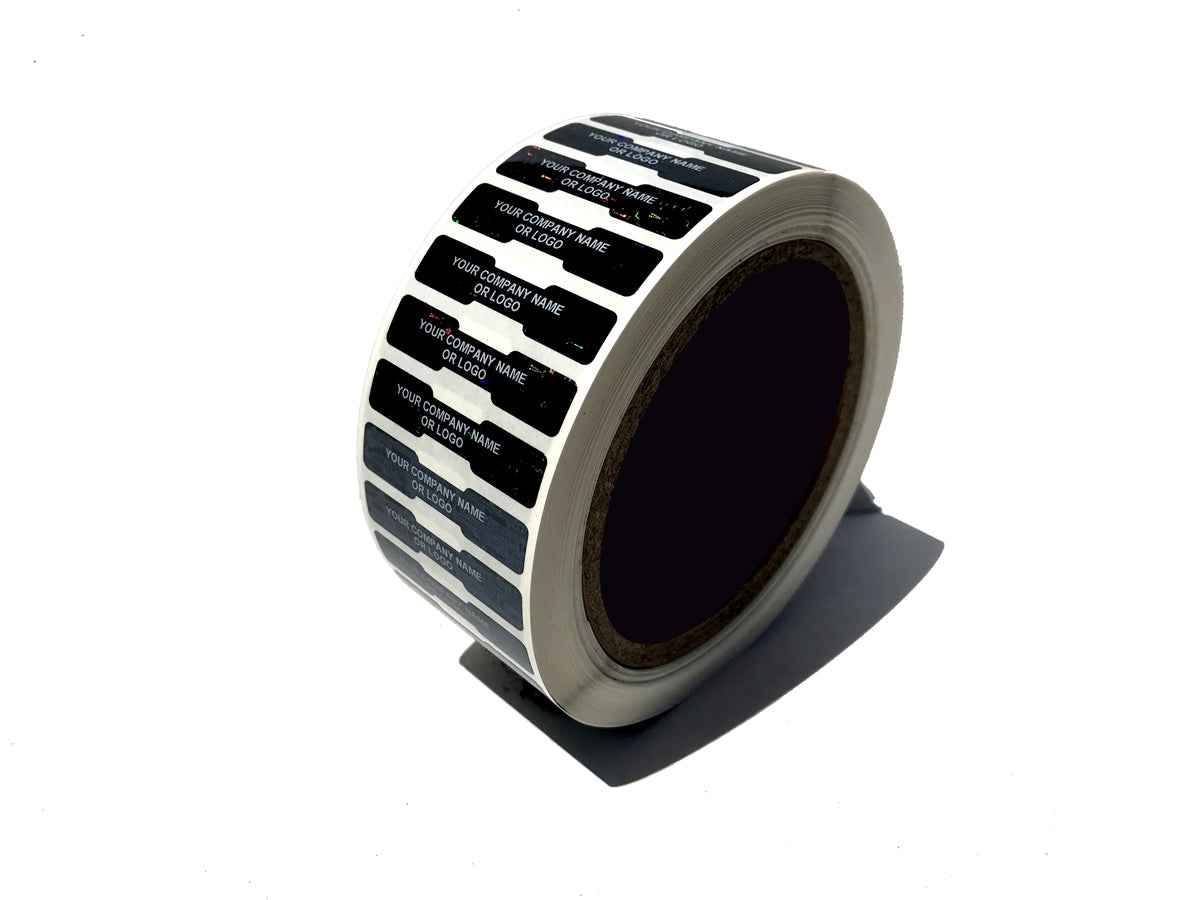 250 Black Tamper Evident Security Hologram Label Seal Sticker, Dogbone 1.75" x 0.375" (44mm x 9mm). CustomPrinted. >Click on item details to Customize.