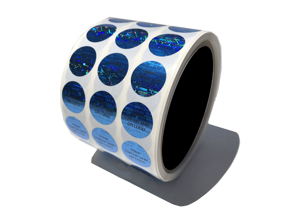 10,000 Blue Tamper Evident Security Hologram Round Label Seal Sticker, Circle 0.625" diameter (16mm). CustomPrinted. >Click on item details to Customize.