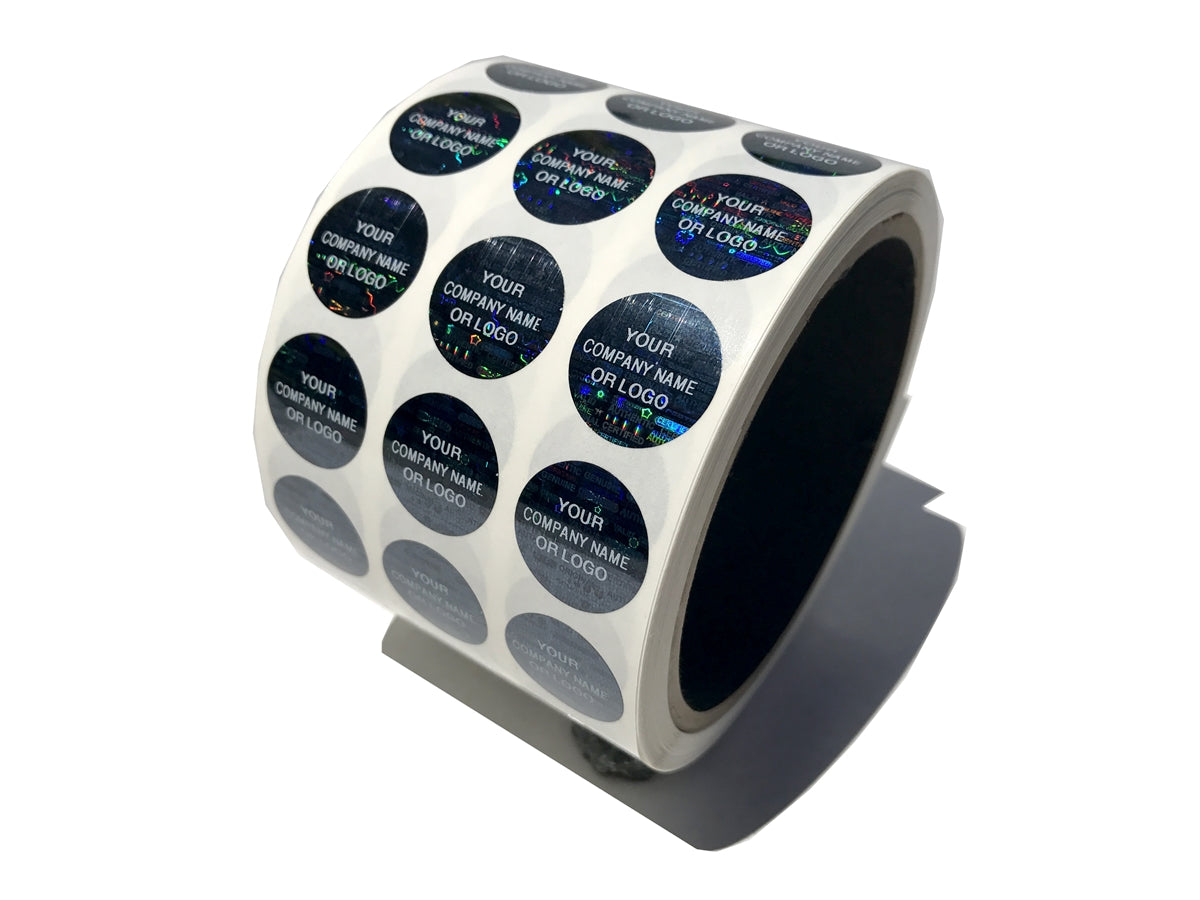 2,000 Black Tamper Evident Security Hologram Round Label Seal Sticker, Circle 0.625" diameter (16mm). CustomPrinted. >Click on item details to Customize.