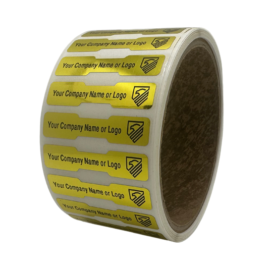 10,000 Tamper Evident Security Labels Gold TamperVoidPro Seal Sticker, Dogbone Shape Size 1.75" x 0.375 (44mm x 9mm). Custom Printed. >Click on item details to customize.