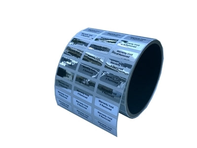 250 Metallic Tamper Evident Security Labels Silver Chrome TamperVoidPro Seal Sticker, Rectangle 1" x 0.375" (25mm x 9mm). Custom Printed. >Click on item details to customize.
