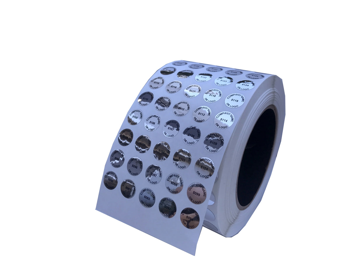 10,000 Metallic Tamper Evident Security Labels Silver Bright TamperVoid® Seal Sticker, Round/ Circle 0.75" diameter (19mm). Custom Printed. >Click on item details to customize.