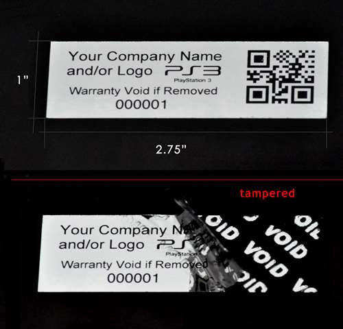 5,000 Metallic Tamper Evident Security Labels Silver Bright TamperVoid® Seal Sticker, Rectangle 2.75" x 1" (70mm x 25mm). Custom Printed. >Click on item details to customize.
