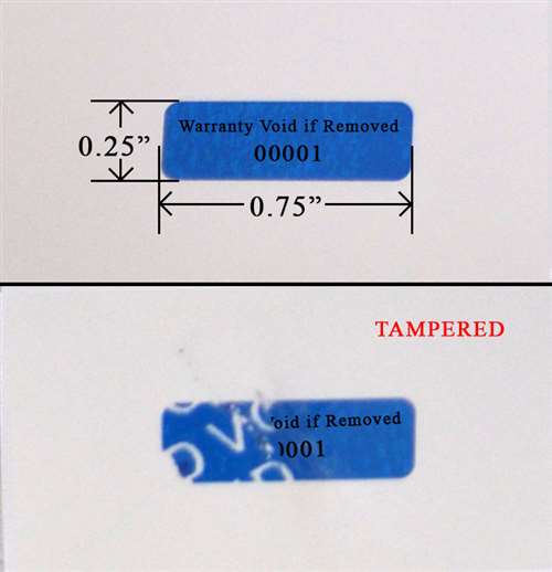 1,000 Tamper Evident Blue Security Labels TamperColor® Seal Sticker, Rectangle 0.75" x 0.25" (19mm x 6mm). Printed: Warranty Void if Removed + Serialization.