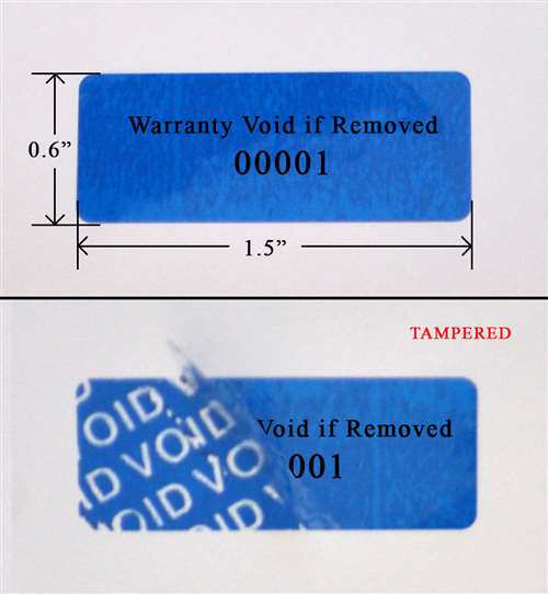500 Tamper Evident Blue Security Labels TamperColor® Seal Sticker, Rectangle 1.5" x 0.6" (38mm x 15mm). Printed: Warranty Void if Removed + Serialization