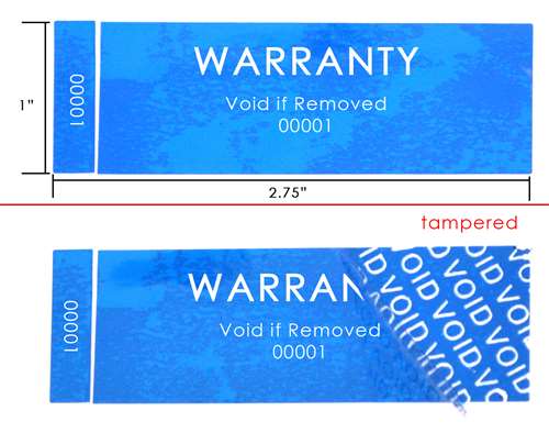 1,000 Tamper Evident Blue Security Labels TamperColor® Seal Sticker, Rectangle 2.75" x 1" (70mm x 25mm). Printed: Warranty Void if Removed + Serialization