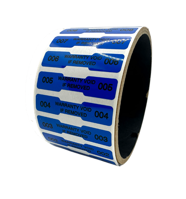 500 Tamper Evident Blue Security Labels TamperColor® Seal Sticker, Dogbone Shape Size 1.75" x 0.375 (44mm x 9mm). Printed: Warranty Void if Removed + Serialization