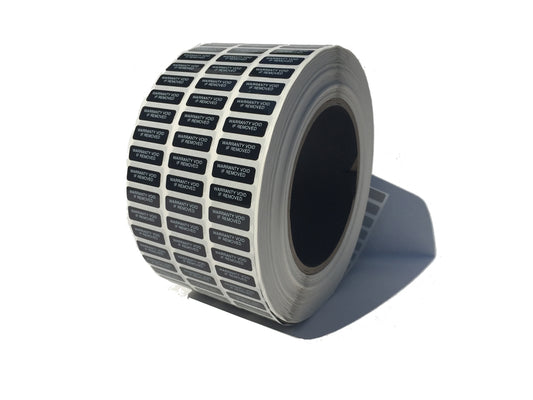 250 Tamper Evident Black Security Labels TamperColor® Seal Sticker, Rectangle 0.75" x 0.25" (19mm x 6mm). Printed: Warranty Void if Removed.