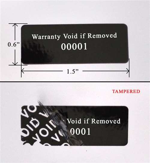 500 Tamper Evident Black Security Labels TamperColor® Seal Sticker, Rectangle 1.5" x 0.6" (38mm x 15mm). Printed: Warranty Void if Removed + Serialization