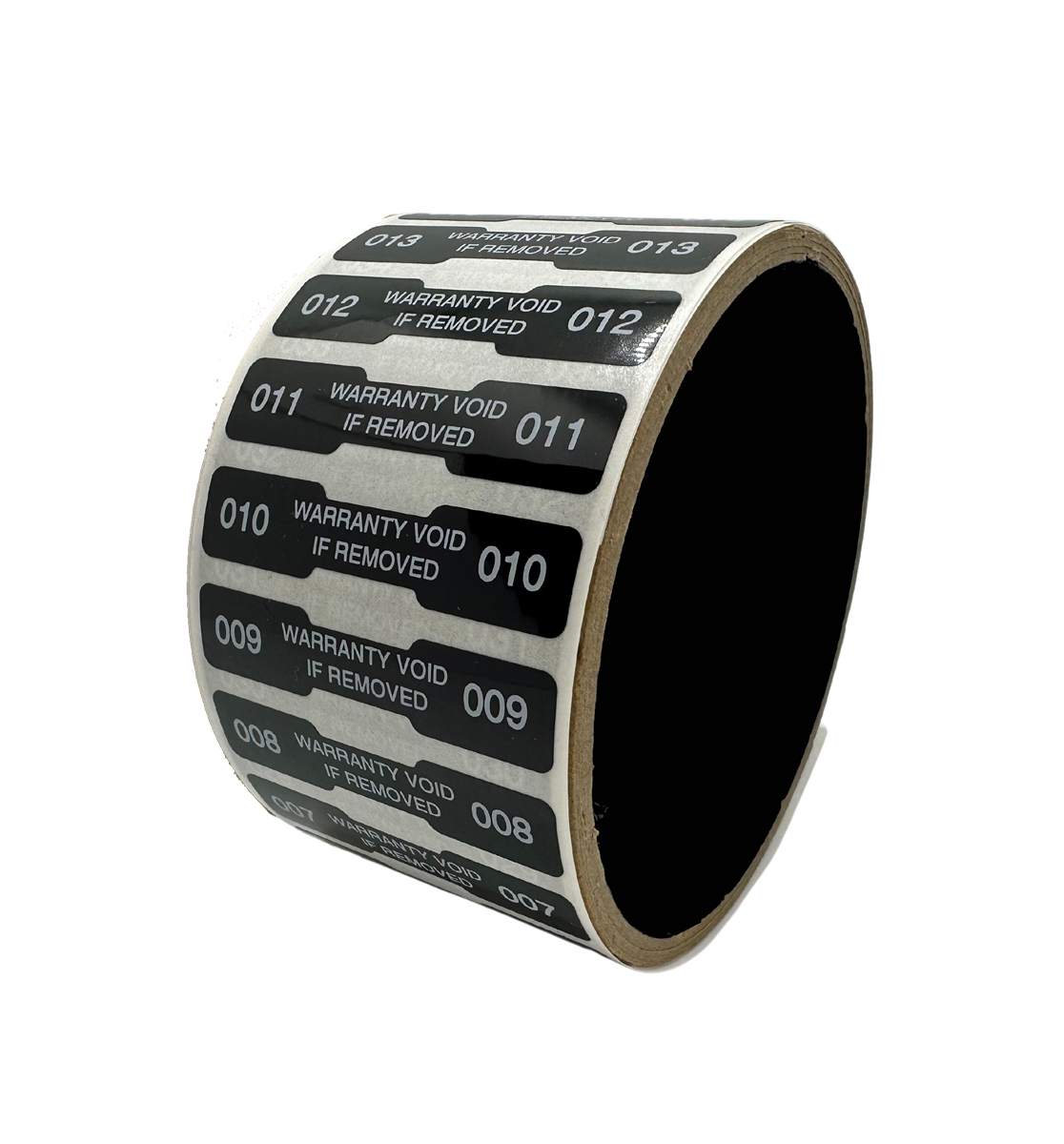 500 Tamper Evident Black Security Labels TamperColor® Seal Sticker, Dogbone Shape Size 1.75" x 0.375 (44mm x 9mm). Printed: Warranty Void if Removed + Serialization