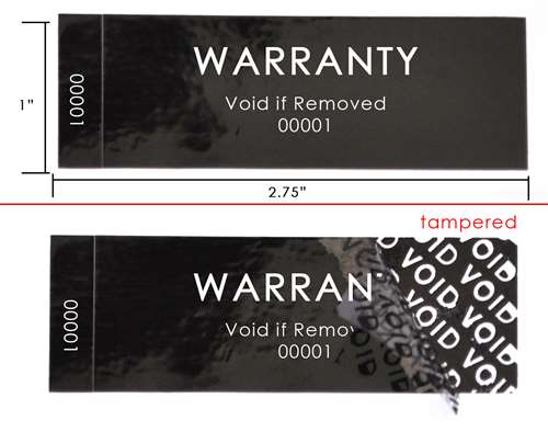 250 Tamper Evident Black Security Labels TamperColor® Seal Sticker, Rectangle 2.75" x 1" (70mm x 25mm). Printed: Warranty Void if Removed + Serialization