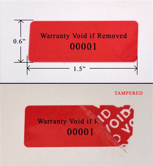 1,000 Tamper Evident Red Security Labels TamperColor® Seal Sticker, Rectangle 1.5" x 0.6" (38mm x 15mm). Printed: Warranty Void if Removed + Serialization