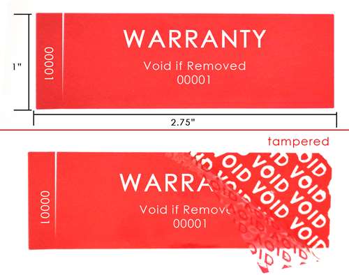 1,000 Tamper Evident Red Security Labels TamperColor® Seal Sticker, Rectangle 2.75" x 1" (70mm x 25mm). Printed: Warranty Void if Removed + Serialization