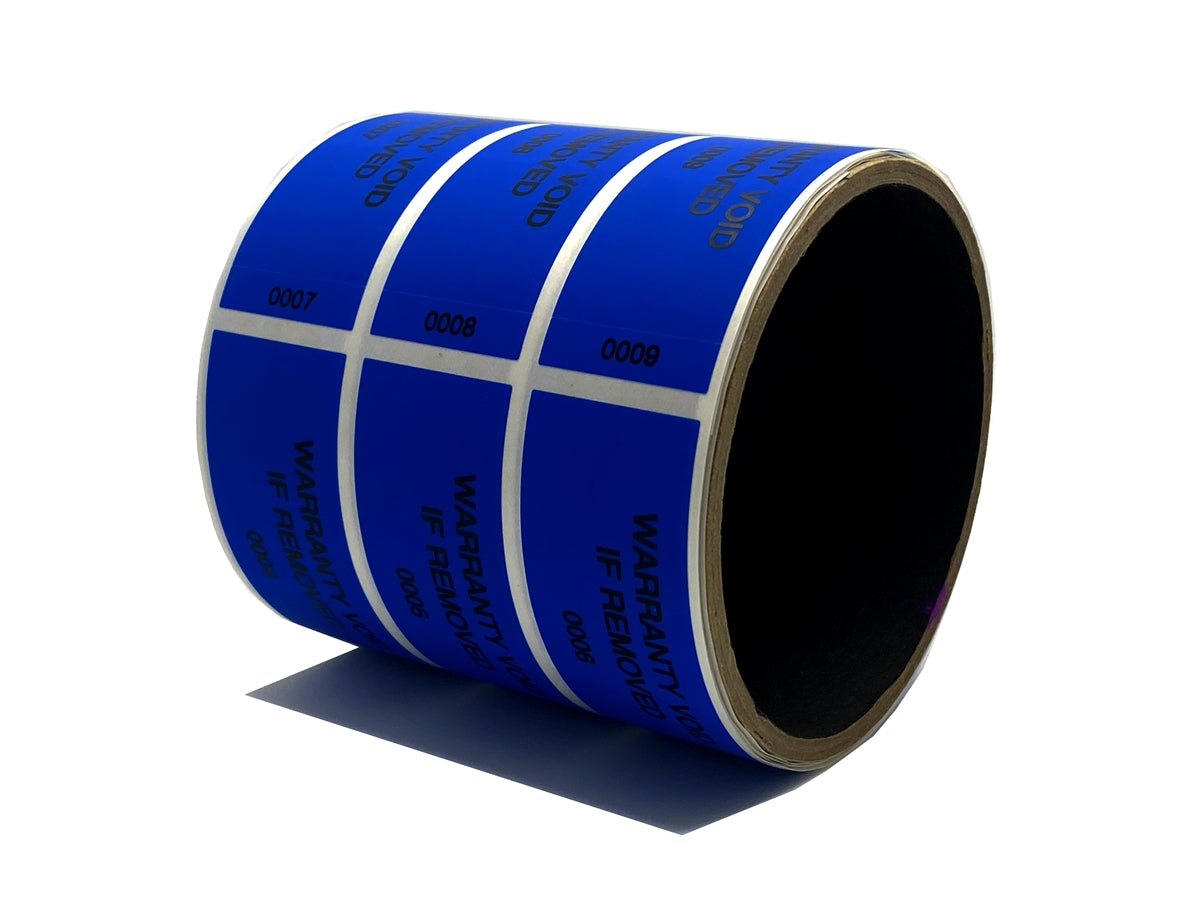 1,000 Tamper Evident Blue Non Residue Security Labels TamperGuard® Seal Sticker, Rectangle 2.75" x 1" (70mm x 25mm). Printed: Warranty Void if Removed + Serialized