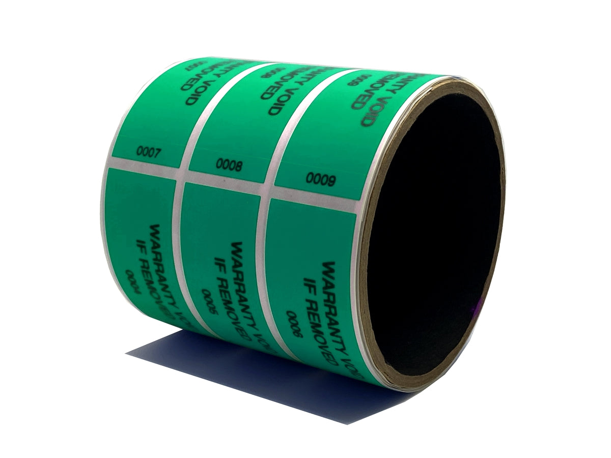 10,000 Tamper-Evident Green Non Residue Security Labels TamperGuard® Seal Sticker, Rectangle 2.75" x 1" (70mm x 25mm). Printed: Warranty Void if Removed + Serialized