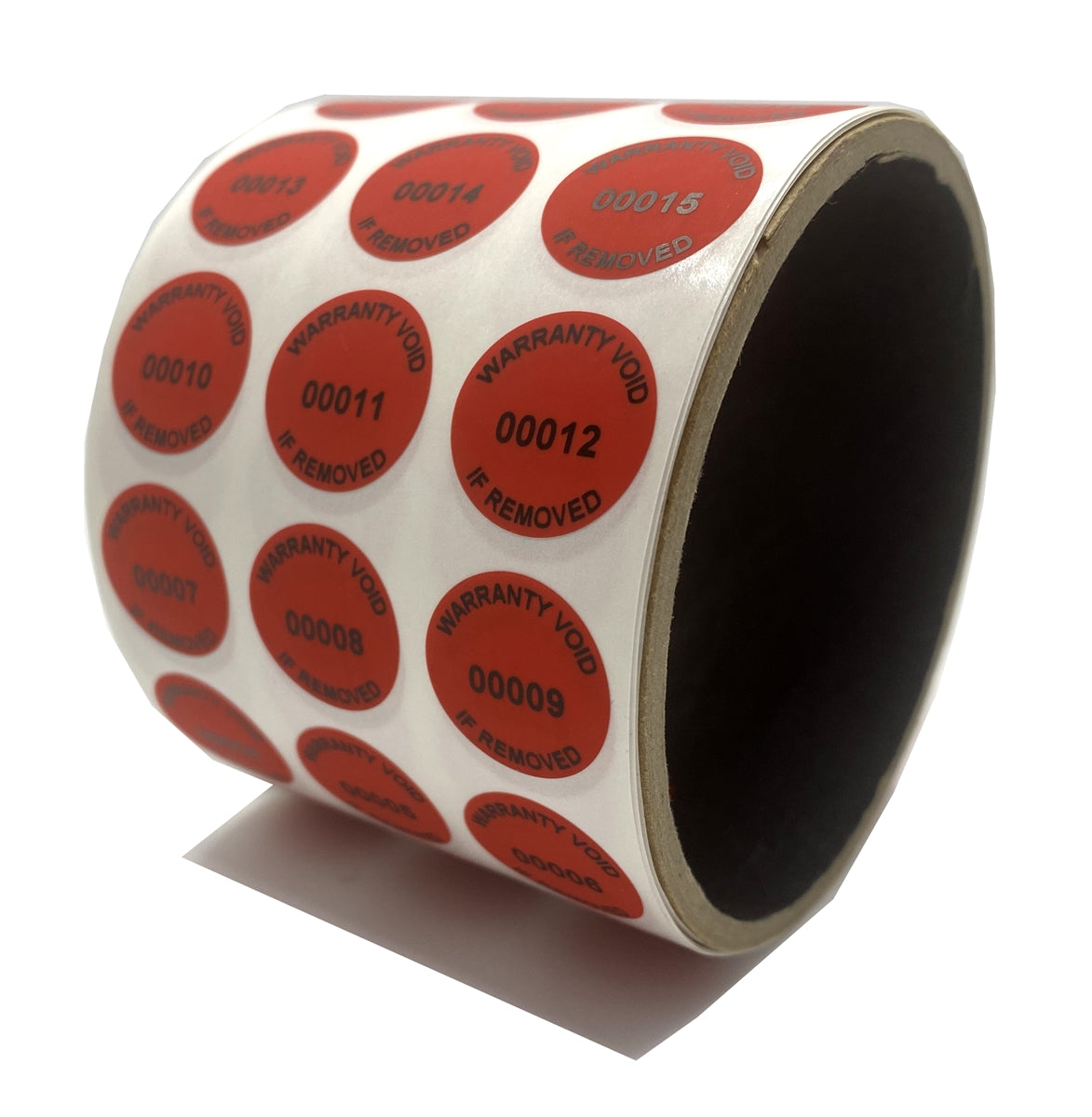 5,000 Tamper Evident Red Non Residue Security Labels TamperGuard® Seal Sticker, Round/ Circle 0.75" diameter (19mm). Printed: Warranty Void if Removed + Serialized