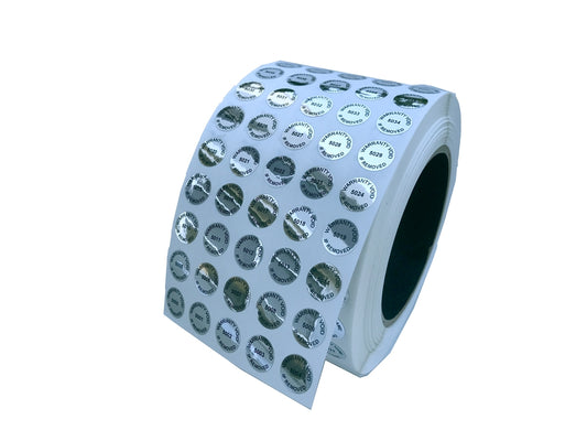 2,000 Tamper-Evident Metallic Silver / Chrome Non Residue Security Labels TamperGuard® Seal Sticker, Round/ Circle 0.75" diameter (19mm). Printed: Warranty Void if Removed + Serialized