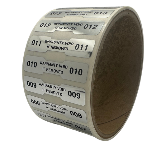 10,000 Finish Tamper Evident Metallic Silver / Chrome Non Residue Security Labels TamperGuard® Seal Sticker, Dogbone 1.75" x 0.375" (44mm x 9mm). Printed: Warranty Void if Removed + Serialized