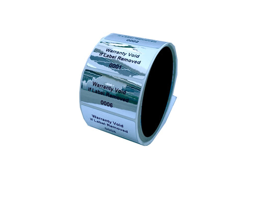 10,000 Finish Tamper Evident Metallic Silver / Chrome Non Residue Security Labels TamperGuard® Seal Sticker, Rectangle 2" x 1" (51mm x 25mm). Printed: Warranty Void if Removed + Serialized