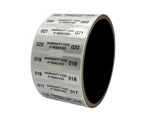 5,000 Tamper Evident Metallic Silver Matte Non Residue Security Labels TamperGuard® Seal Sticker, Dogbone 1.75" x 0.375" (44mm x 9mm). Printed: Warranty Void if Removed + Serialized