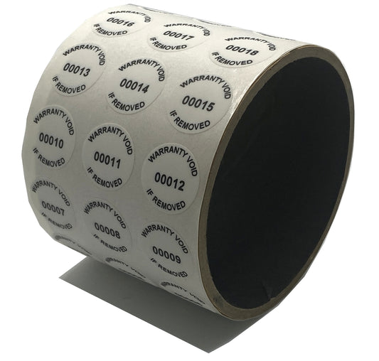 5,000 Tamper Evident White Non Residue Security Labels TamperGuard® Seal Sticker, Round/ Circle 0.75" diameter (19mm). Printed: Warranty Void if Removed + Serialized