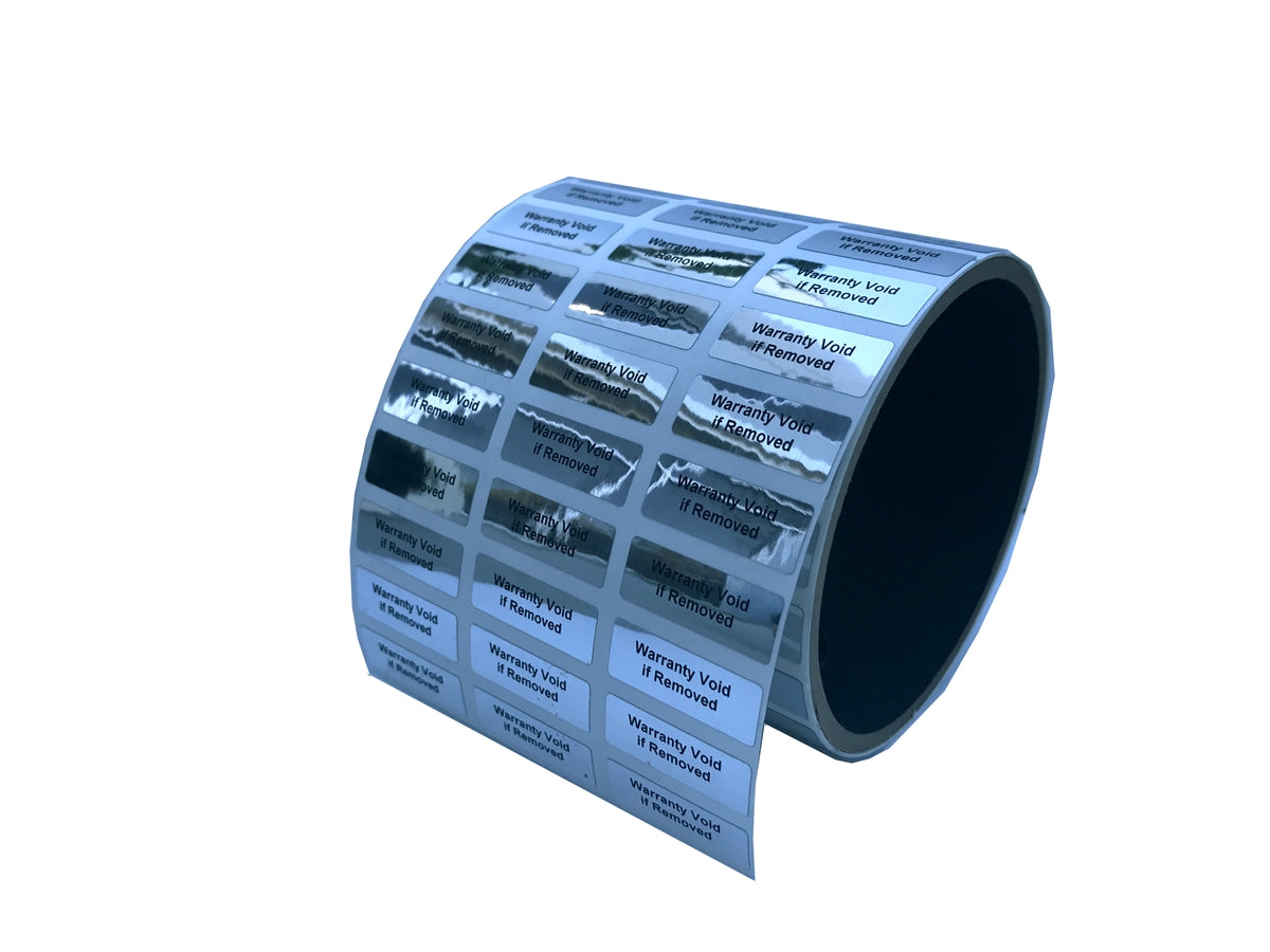10,000 TamperVoid® Metallic Silver Chrome Tamper Evident Security Labels Seal Sticker, Rectangle 1" x 0.375" (25mm x 9mm). Printed: Warranty Void if Removed.