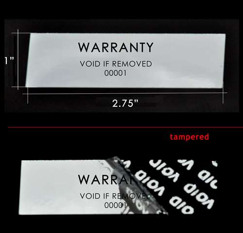 1,000 TamperVoid® Metallic Silver Chrome Tamper Evident Security Labels Seal Sticker, Rectangle 2.75" x 1" (70mm x 25mm). Printed: Warranty Void if Label Removed + Serial Number.