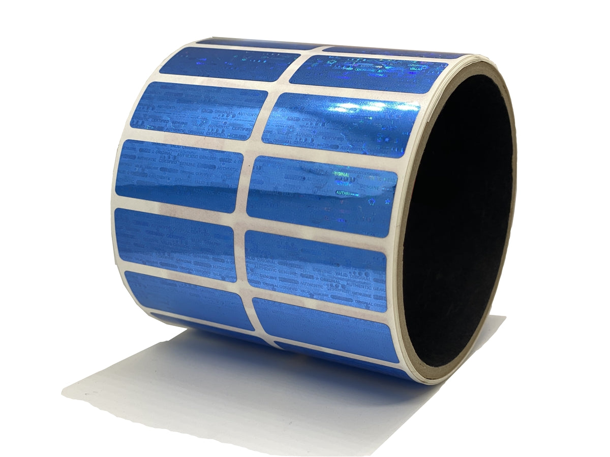 1,000 Blue Tamper Evident Holographic Security Label Seal Sticker, Rectangle 1.5" x 0.6" (38mm x 15mm).