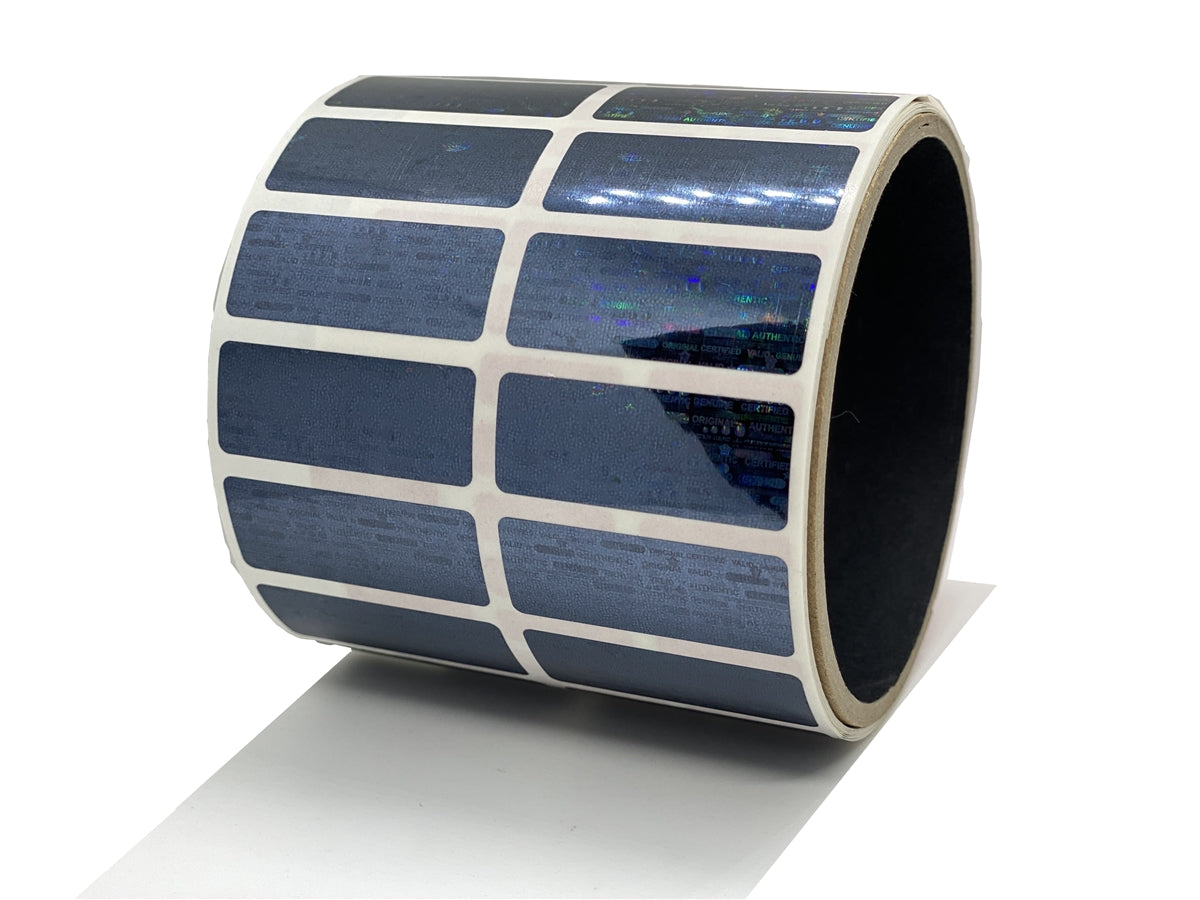 500 Black Tamper Evident Holographic Security Label Seal Sticker, Rectangle 1.5" x 0.6" (38mm x 15mm).