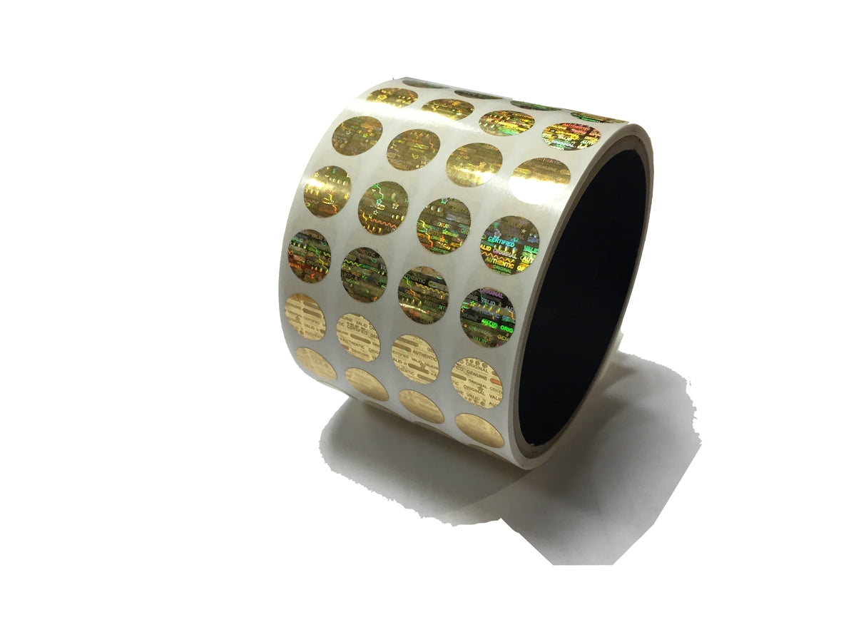 10,000 Gold Tamper Evident Holographic Security Round Label Seal Sticker, Round/ Circle 0.5" diameter (13mm).
