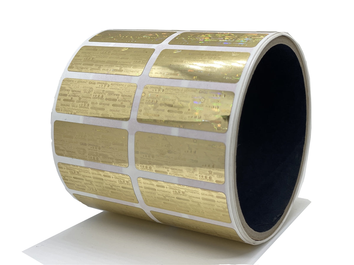 10,000 Gold Tamper Evident Holographic Security Label Seal Sticker, Rectangle 1.5" x 0.6" (38mm x 15mm).