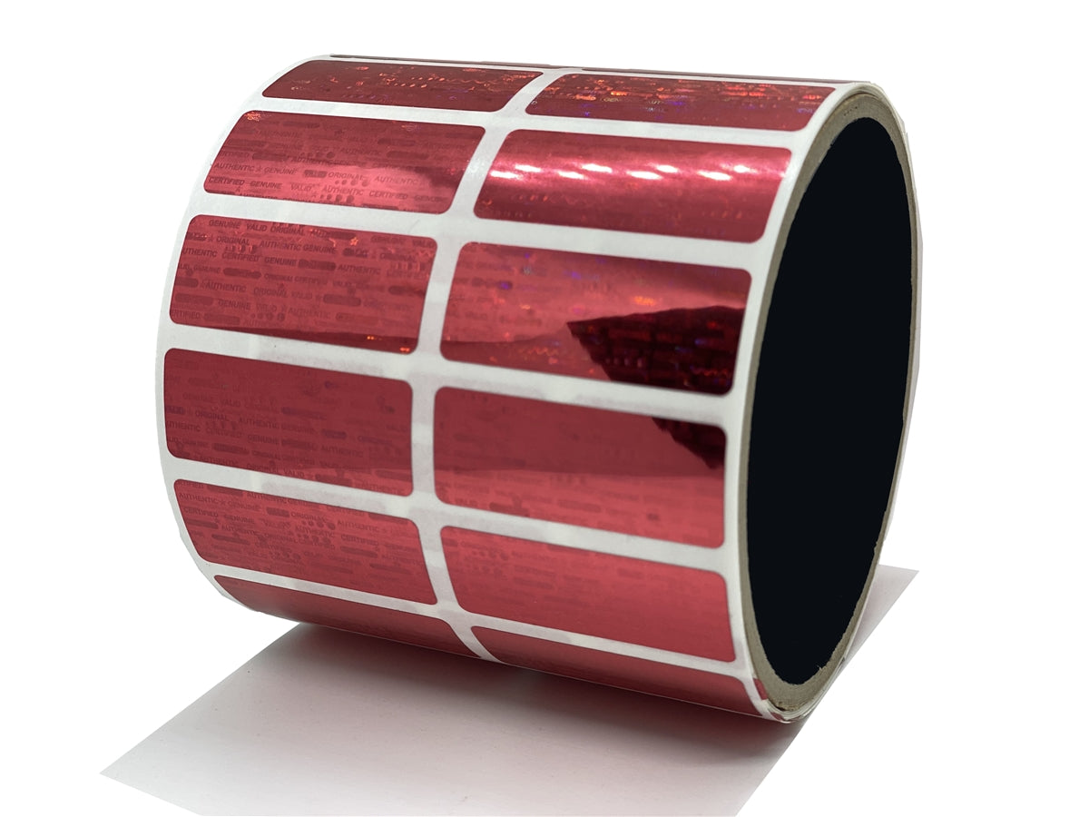500 Red Tamper Evident Holographic Security Label Seal Sticker, Rectangle 1.5" x 0.6" (38mm x 15mm).