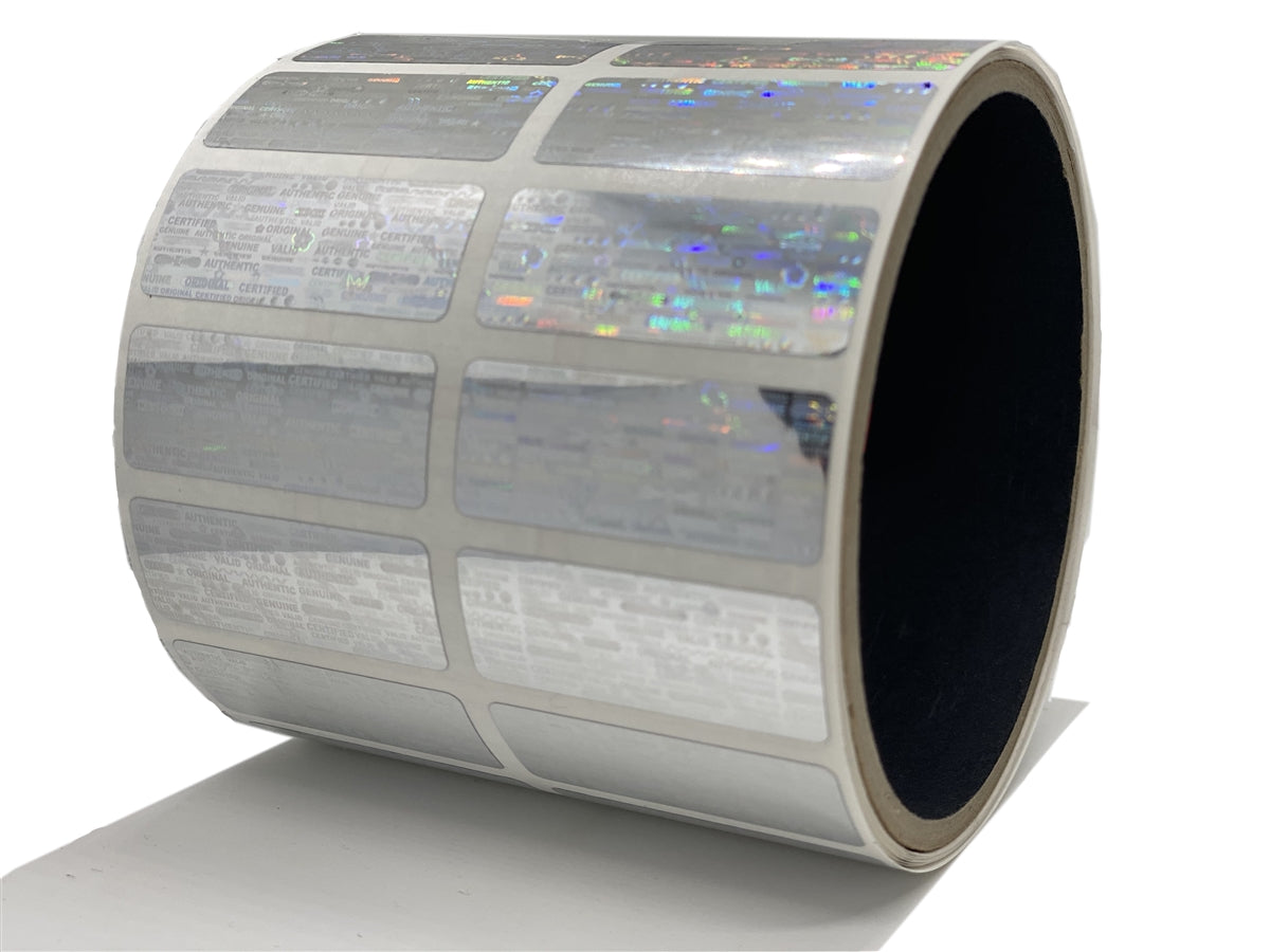 250 Silver Tamper Evident Holographic Security Label Seal Sticker, Rectangle 1.5" x 0.6" (38mm x 15mm).