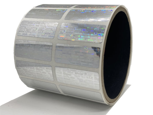 500 Silver Tamper Evident Holographic Security Label Seal Sticker, Rectangle 1.5" x 0.6" (38mm x 15mm).