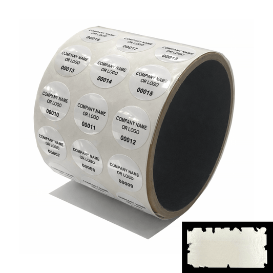 500 White Destructible Security Labels Round/ Circle 0.75" diameter (19mm), Custom Print. >Click on item details to customize it.
