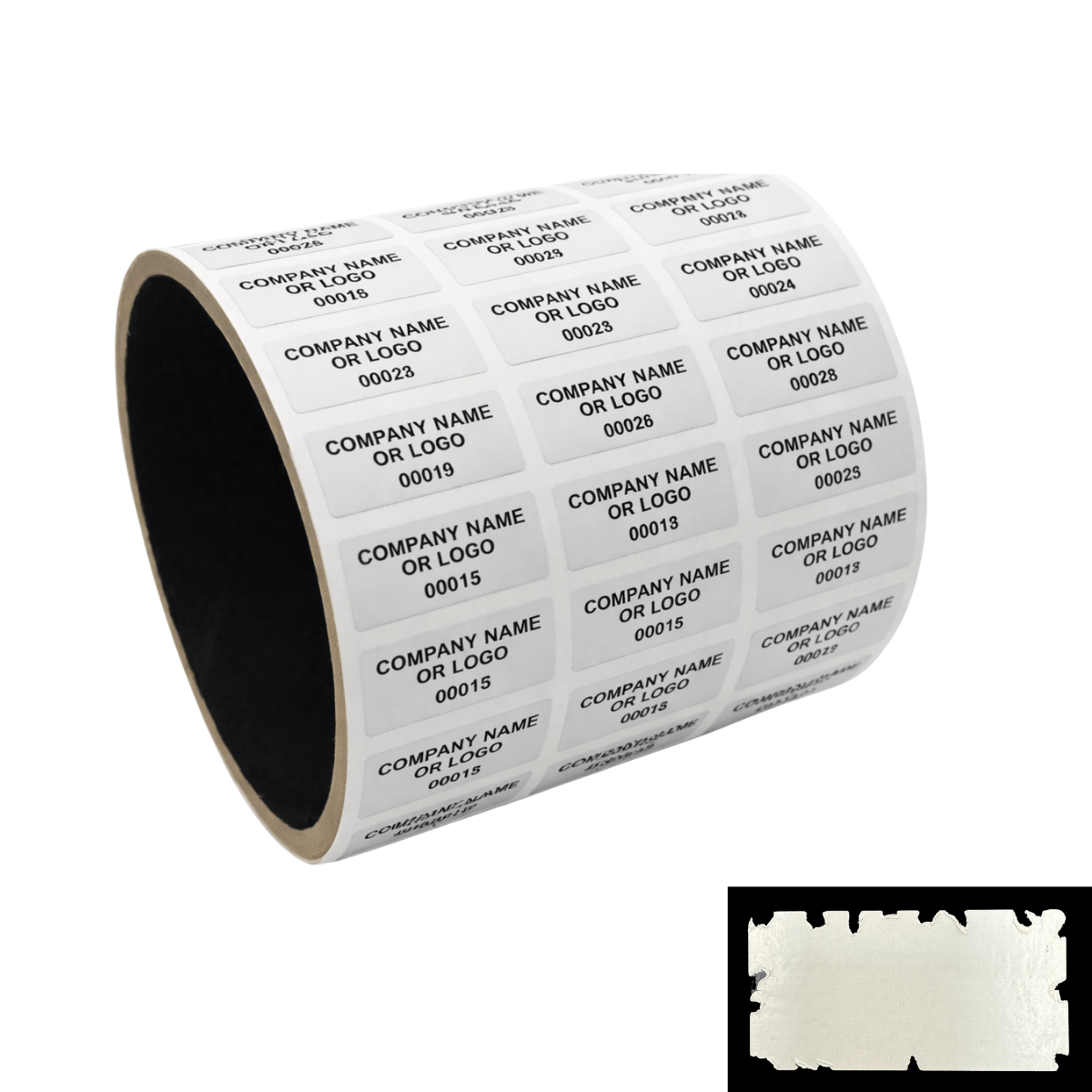 1,000 Destructible Security Stickers White Size 1" x 0.375" (25mm x 9mm), Custom Print. >Click on item details to customize.