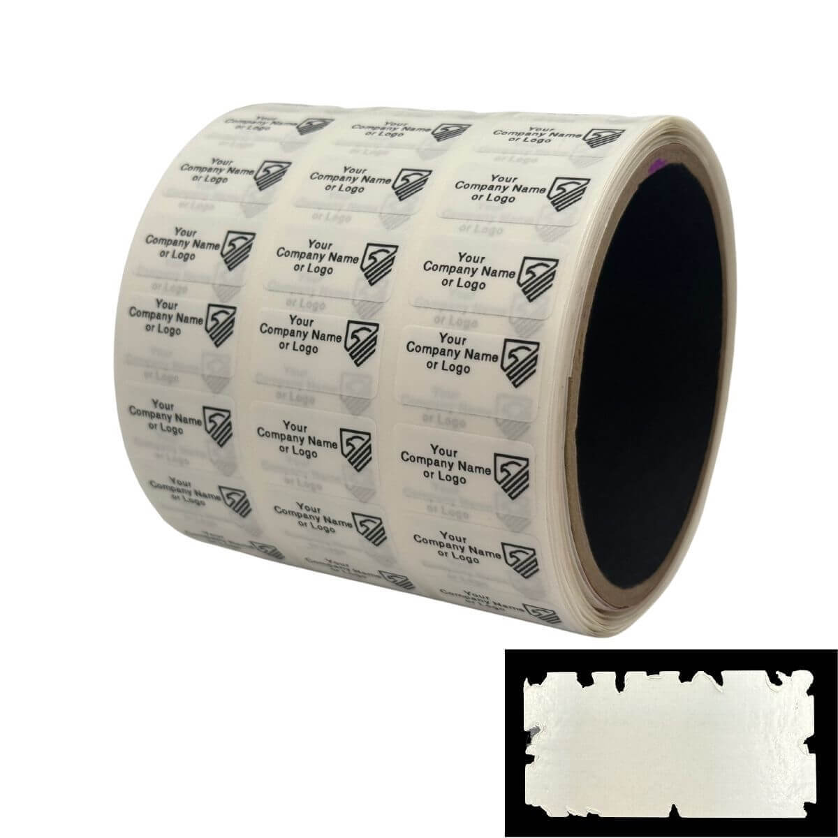 10,000 Destructible Security Stickers White Size 1" x 0.5" (25mm x 13mm), Custom Print. >Click on item details to customize.