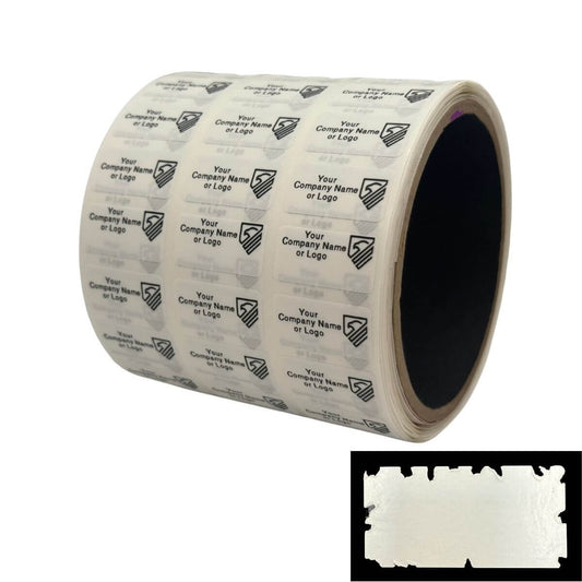 5,000 Destructible Security Stickers White Size 1" x 0.5" (25mm x 13mm), Custom Print. >Click on item details to customize.