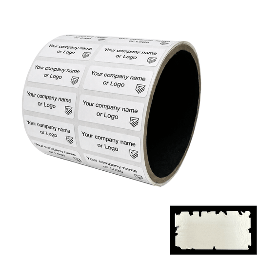 500 Destructible Security Stickers White Size 1.5" x 0.6" (38mm x 15mm), Custom Print. >Click on item details to customize.