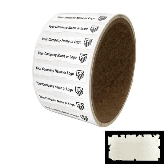5,000 White Destructible Security Labels, Dogbone 1.75" x 0.375" (44mm x 9mm), Custom Print. >Click on item details to customize it.