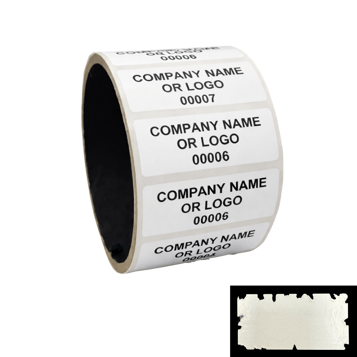 1,000 Destructible Security Stickers White Size 2" x 0.75" (51mm x 19mm), Custom Print. >Click on item details to customize.