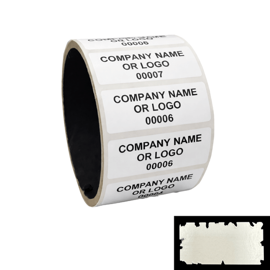 250 Destructible Security Stickers White Size 2" x 0.75" (51mm x 19mm), Custom Print. >Click on item details to customize.